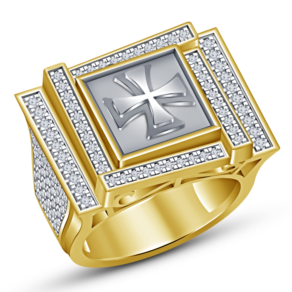 Biker Cross Halo Mens Engagement Ring 14K Yellow Gold Finish 925 Sterling Silver Rings