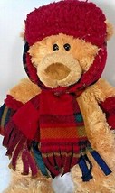 Hugfun Teddy Bear Brown Stuffed Plush Burgundy Plaid Scarf Gloves Hat 17... - $27.99