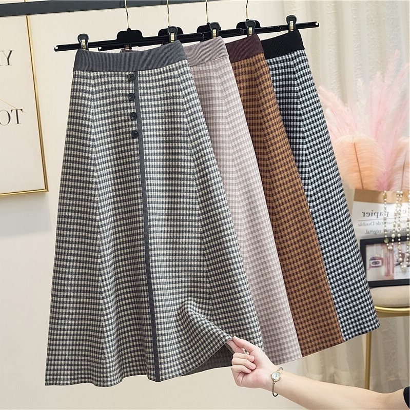 New gray plaid elastic waist A line midi length knitted women skirt warm knit