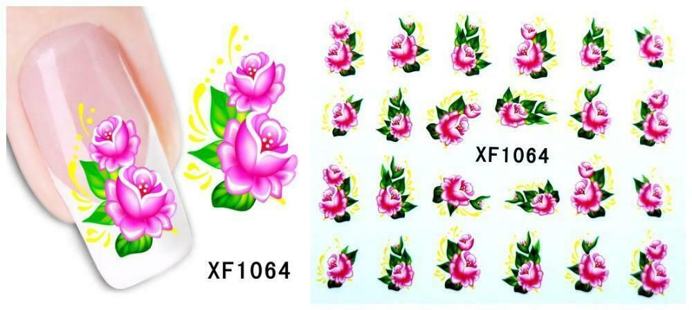 Nail Art Water Transfer Sticker Decal Stickers Pretty Flowers Pink Green XF1064