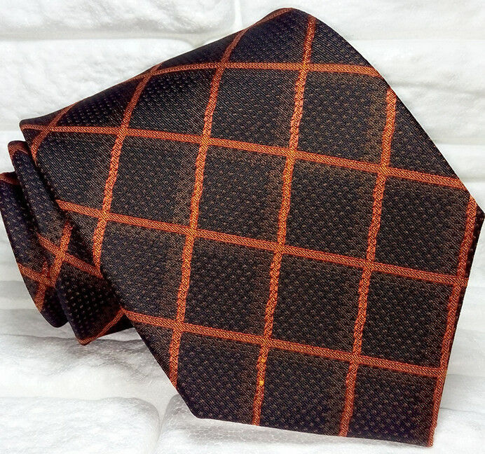 Neck Tie wide checks plaid brown & orange Made in Italy 100% silk Morgana brand