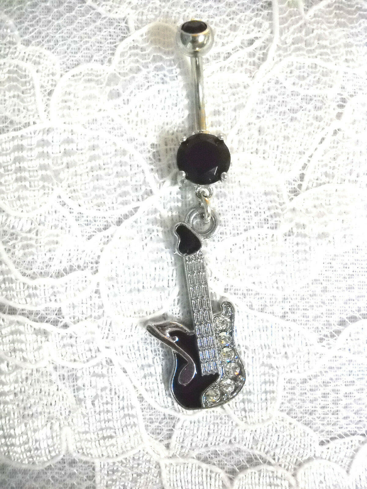 BLACK ENAMEL INLAY GUITAR w MUSIC NOTE & CRYSTALS 14G CLEAR CZ BELLY BUTTON RING