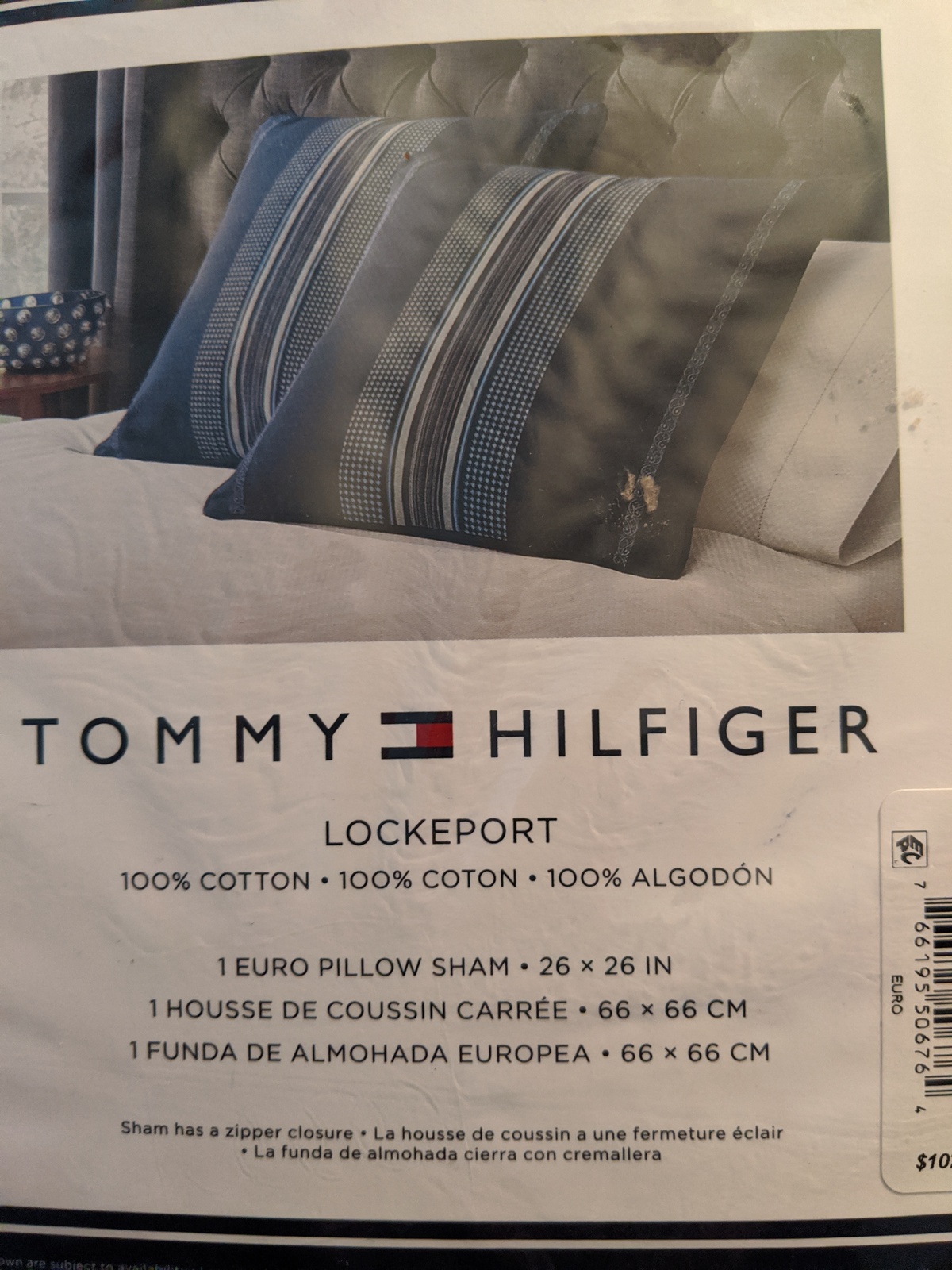 Tommy Hilfiger Broadcove Euro Sham 100% Cotton Blue/Cream MSRP $102 