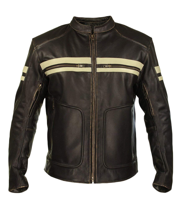 Mens Leather Jacket Brown Cruise Logo Stripped Leather Jacket - Outerwear