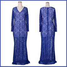 Queen Plus Size Sapphire Blue Long Leg Slit Long Sleeve Floral Lace Evening Gown image 3
