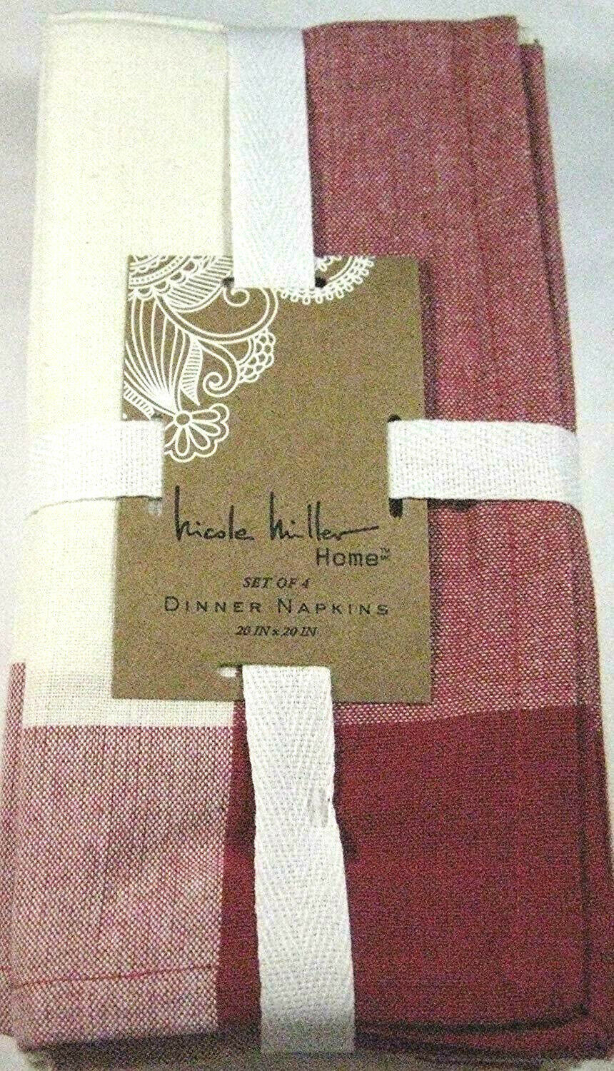 Nicole Miller Large Check Dinner Napkins 20" x 20" 100% Cotton Red/Ivory 4 Pk. - $21.77