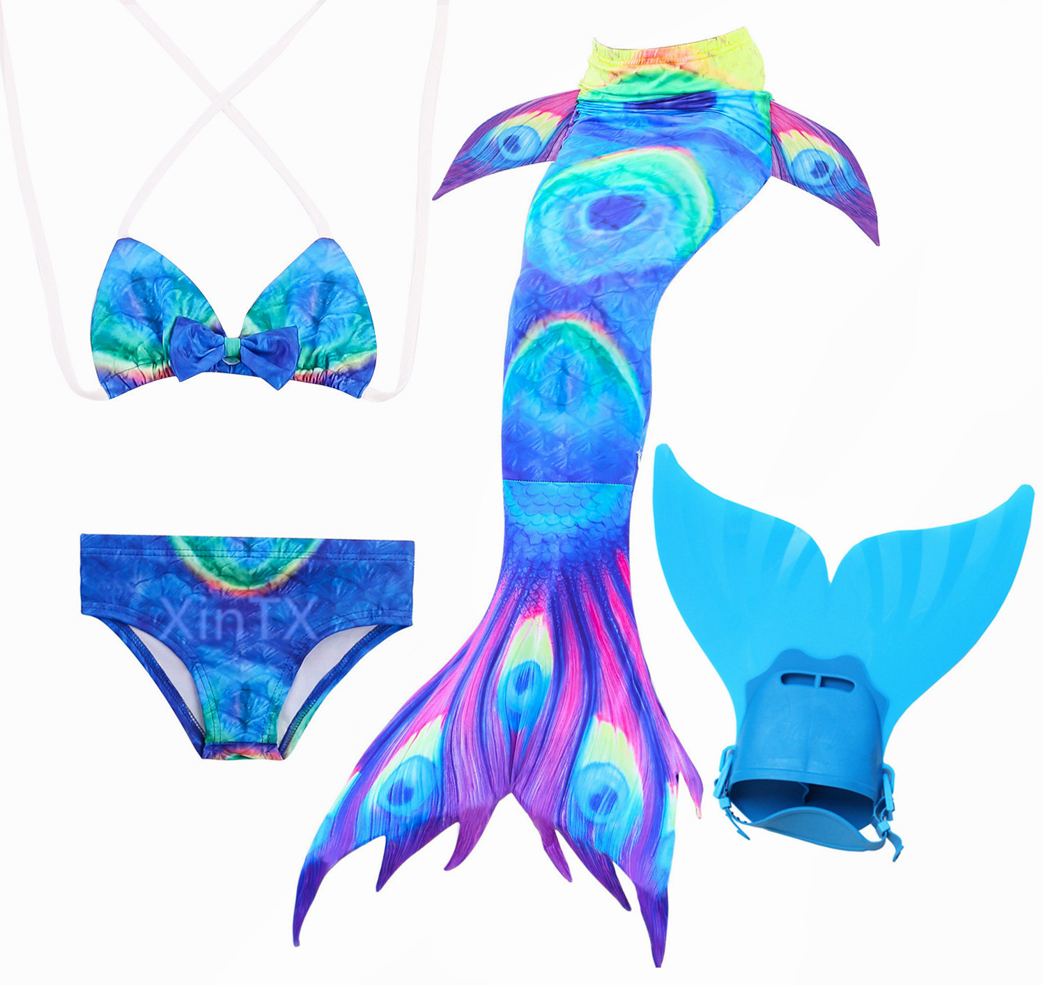 4PCS/Set Aqua Blue Swimmable Mermaid Tail With Monofin Girls Swimsuit Costume
