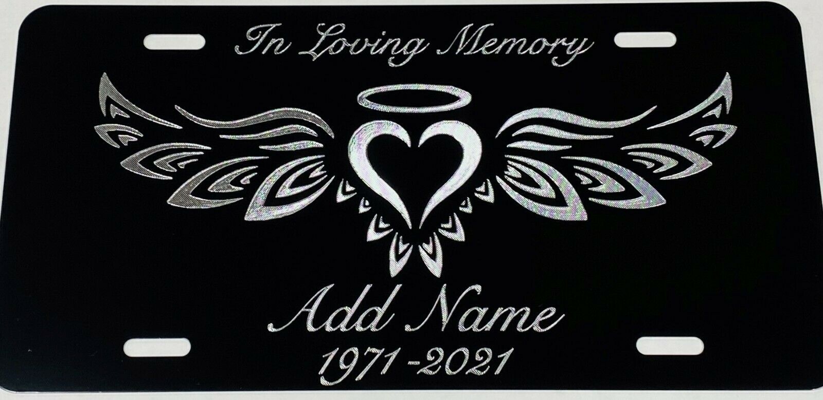 In Loving Memory Angel Wings Car Tag Engraved Black Silver Etched License Plate
