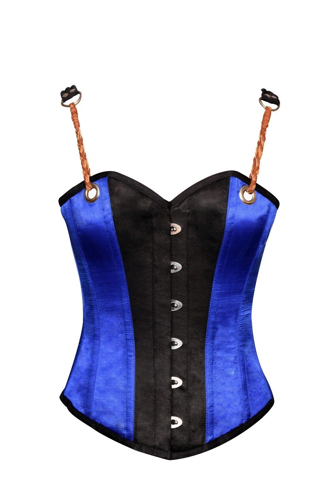Blue Black Satin Leather Shoulder Straps Steampunk Overbust PLUS SIZE Corset Top - Corsets