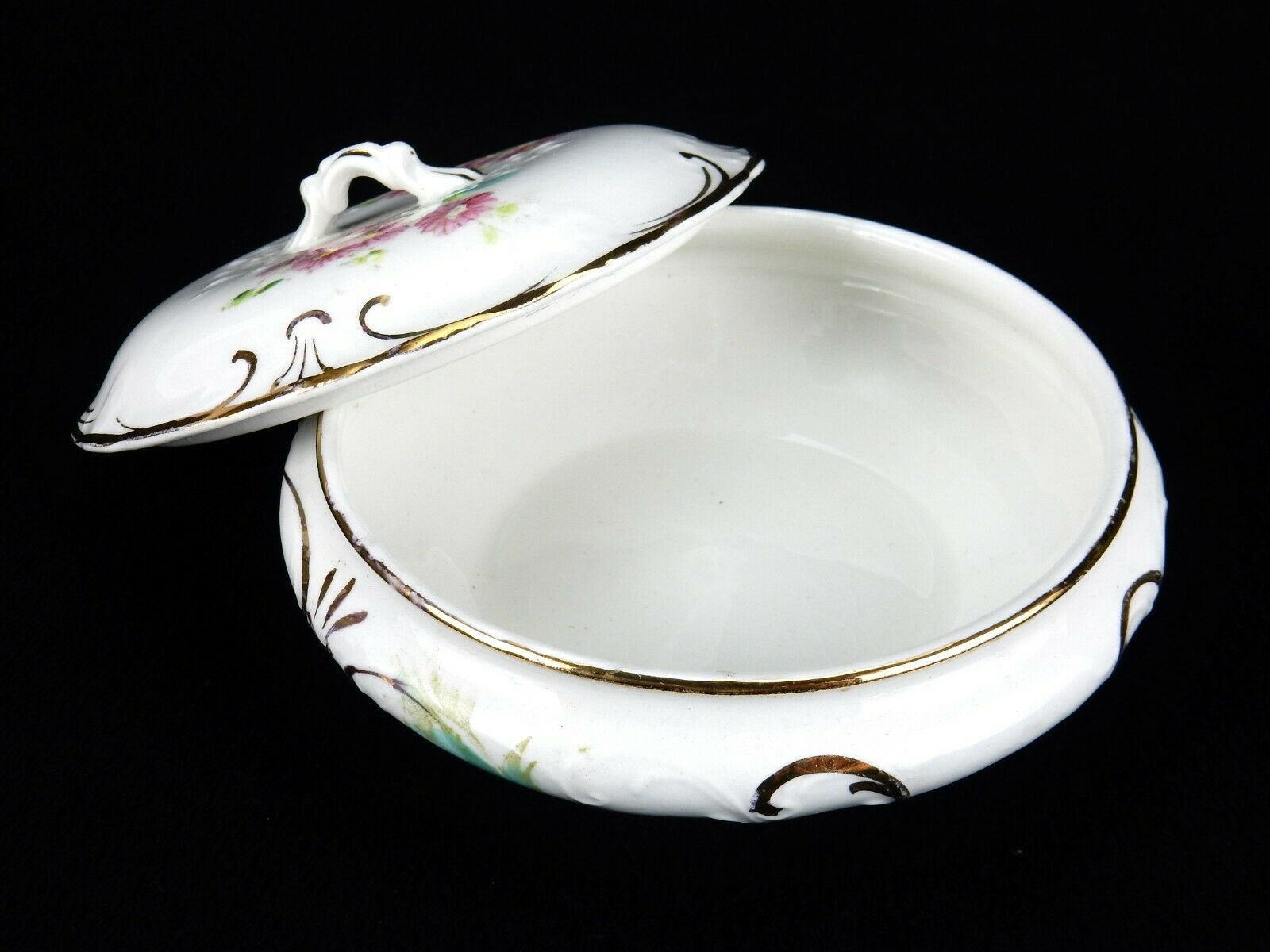 Porcelain Covered Dresser Dish, Dresden SemiPorcelain, Pink Flowers With Gold T Figurines