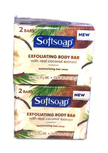 Softsoap Exfoliating 4-3.2oz Body Bars W Real Coconut Extract Moisturizing Soap