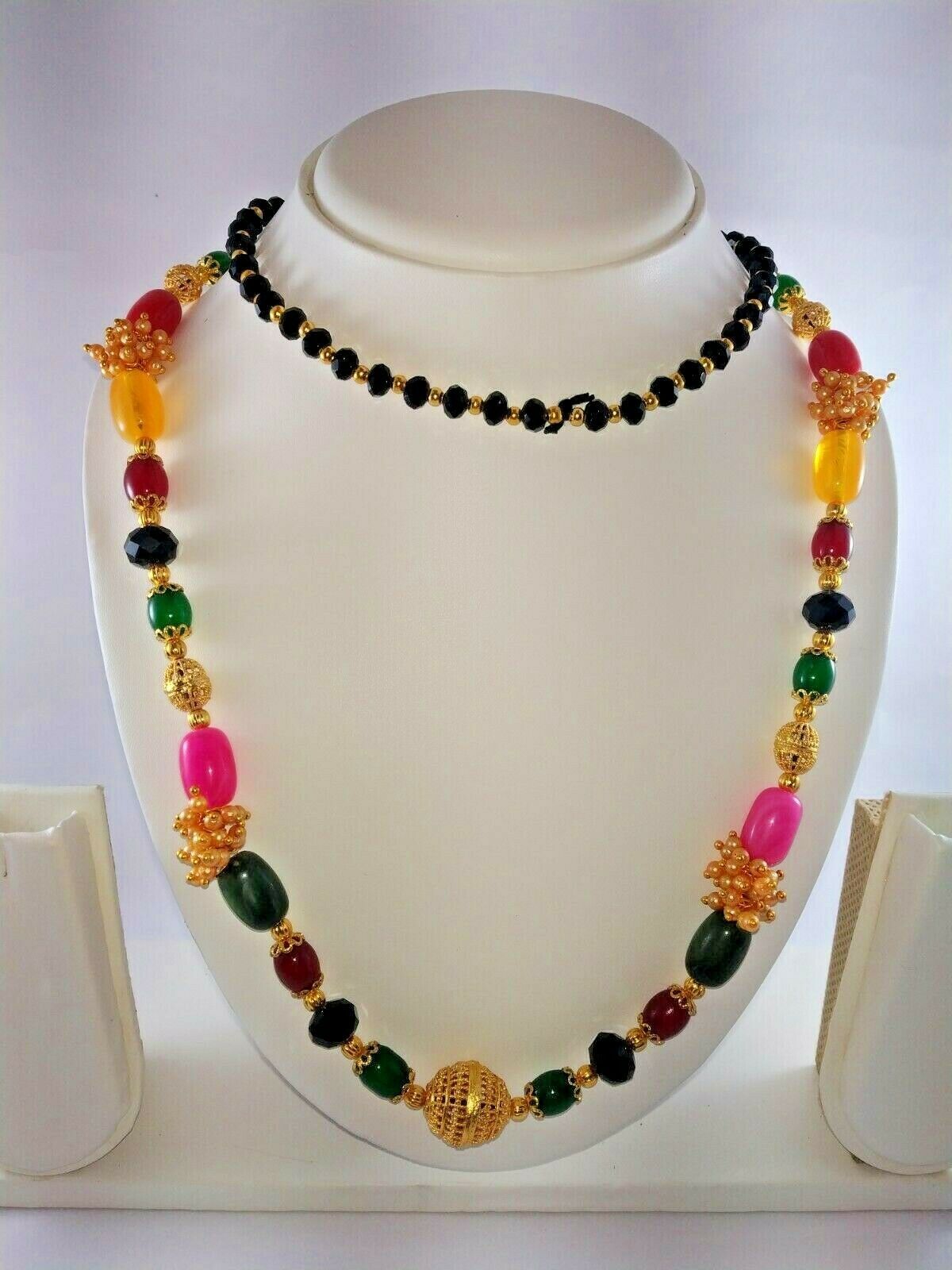 Indian Bollywood Style Gold Plated Multicolor Beads & Pearl Long Mala/Necklace