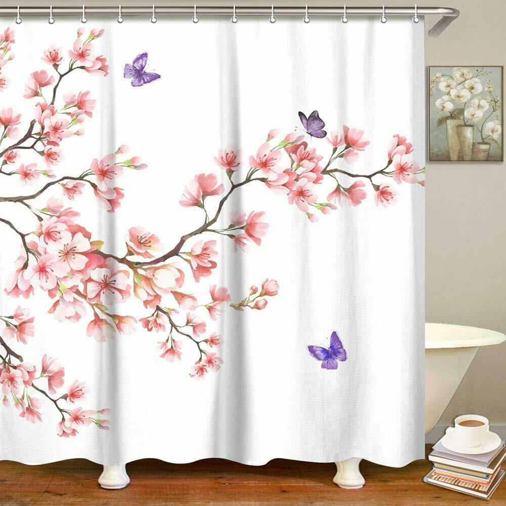 Cherry Blossom Branch Butterflies Floral Farmhouse Fabric Shower ...