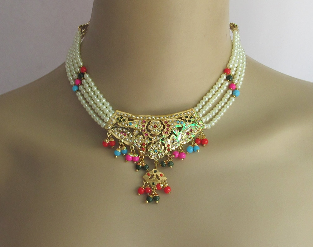 Jadau Choker Gold Multi color Pakistani Punjabi Muslim Bridal Necklace ...