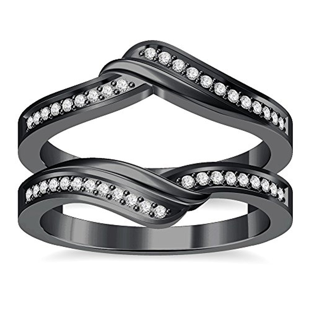 Women's 14K Black Gold Plated White CZ Diamond Wedding Band Enhancer Guard Ring