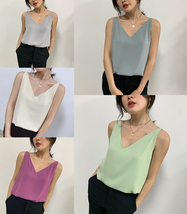 Ladies Sleeveless Chiffon Top V-Neck Chiffon Tank Top Summer Casual Chiffon Top