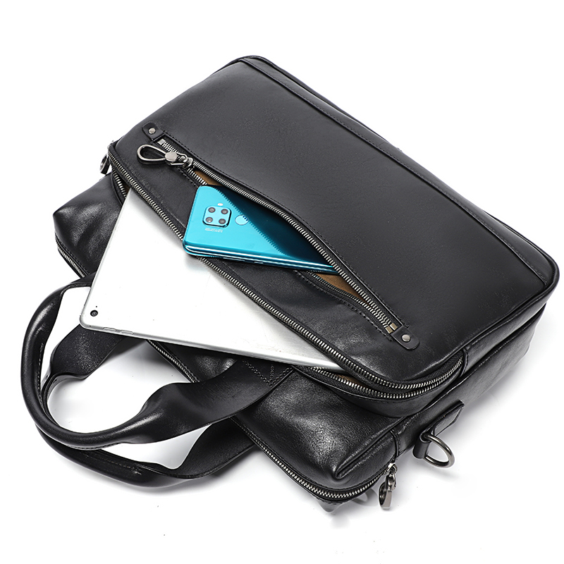 Simple Men Briefcase Business Bag Black Genuine Leather Shoulder Bags