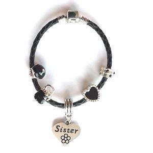 Liberty Charms - Children's sister 'simply black' silver plated black leather charm bead bracelet
