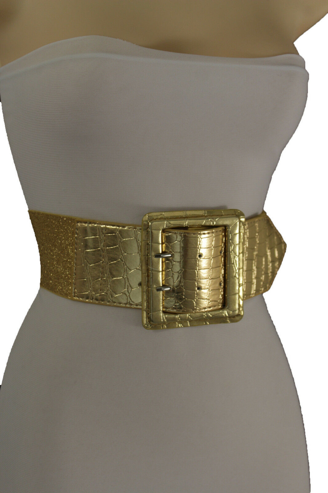 Women Metallic Gold Stretch Fabric Sexy Belt Big Square Buckle Hip Waist M L XL - Belts