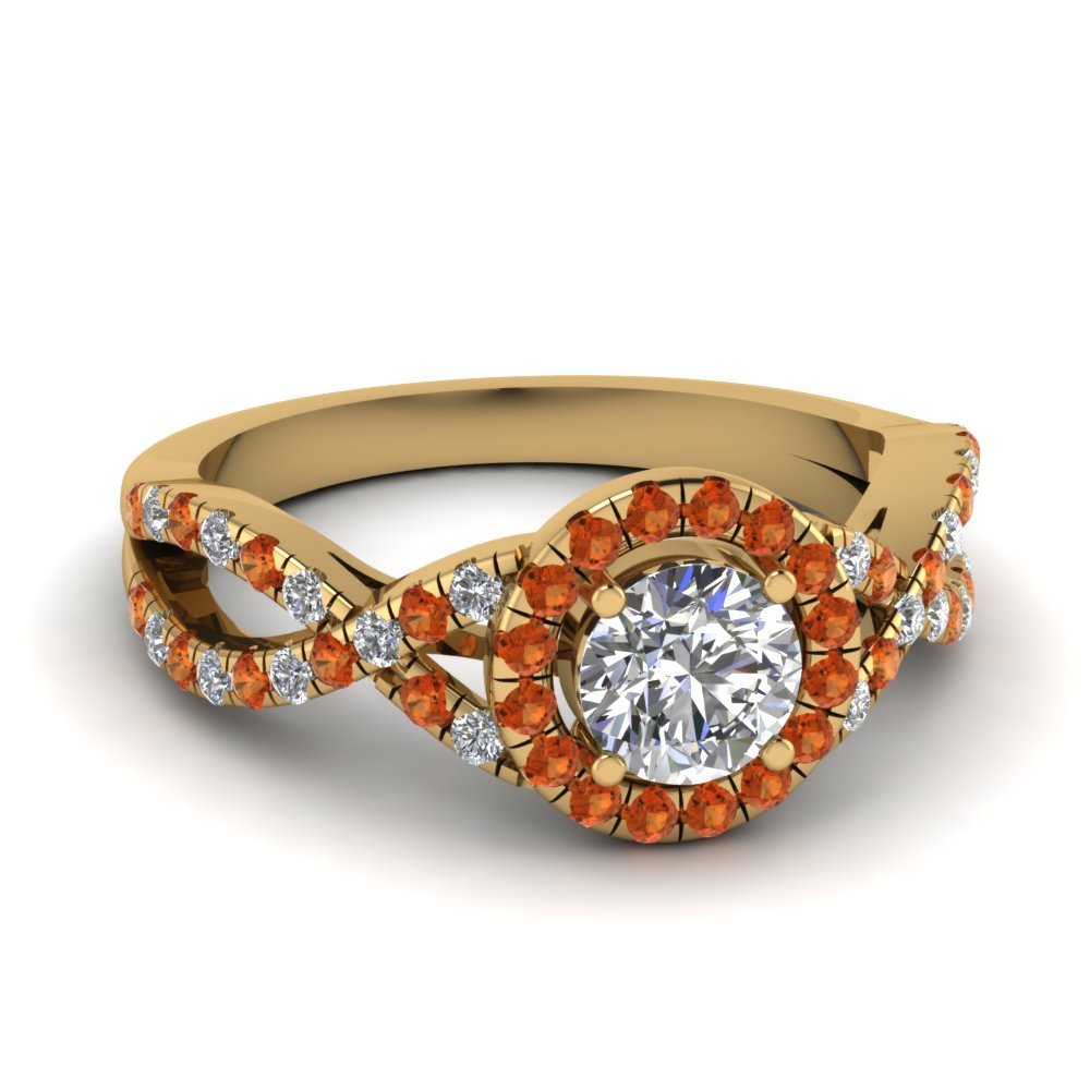 Beautiful 14K Yellow Fn Orange Sapphire & CZ Diamond Stone Halo Engagement Ring