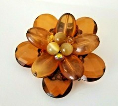 VTG Amber Brown Color Rhinestone Petal Beaded Flower Brooch Floral Pin P... - $39.00