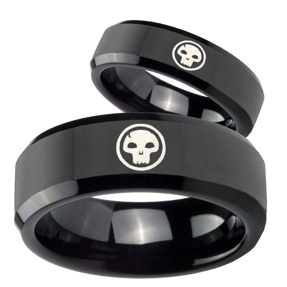 His and Hers Skull Beveled Edges Black Tungsten Mens