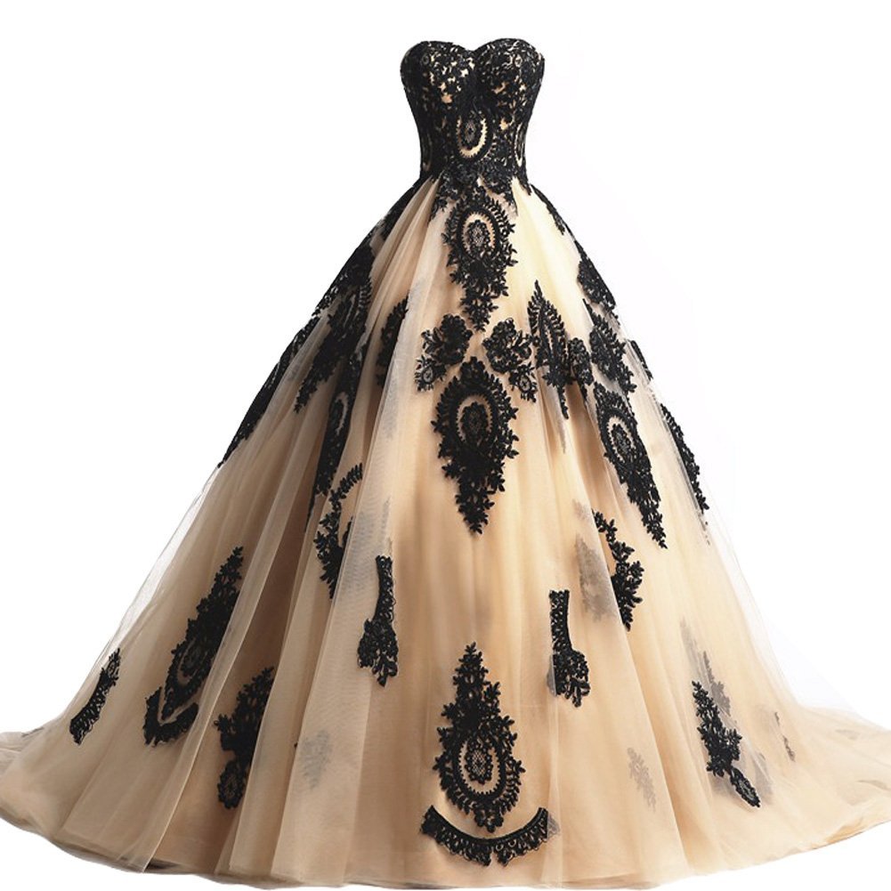 Long Champagne and Black Lace Gothic Wedding Dresses Corset Prom Evening Gowns