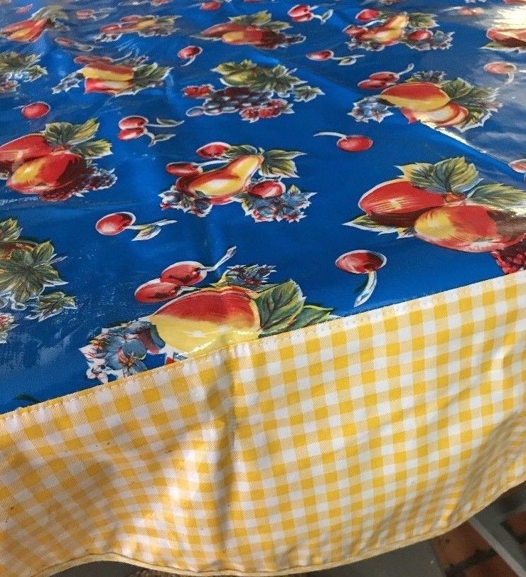 60 Round Oilcloth Tablecloth Blue Pears And 10 Similar Items 60 Round Oilcloth Tablecloth Blue Pears Apples Gingham Border Outdoor Camper