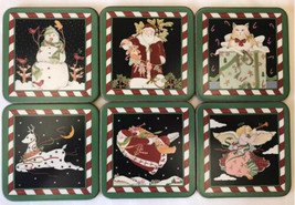 6 PIMPERNEL Coaster Square Cork-Backed Christmas Cat Angel Santa Snowman... - $9.11