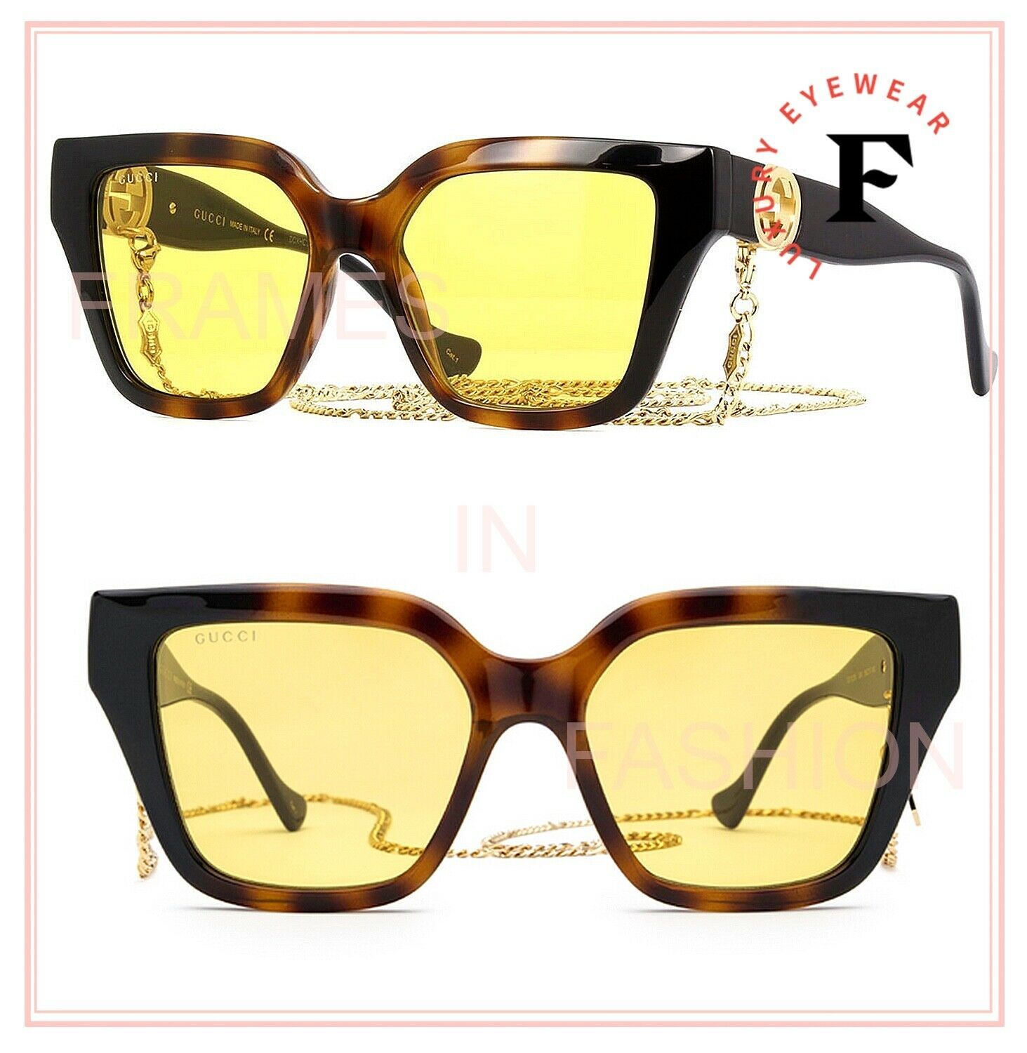 GUCCI ARIA 1023 Brown Yellow Gold Chain 004 Sunglasses GG1023S Unisex Authentic