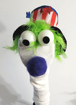 D55 * Basic Custom Made "Patriotic Guy w/ Green Feather Hair" Sock Puppet - $5.00