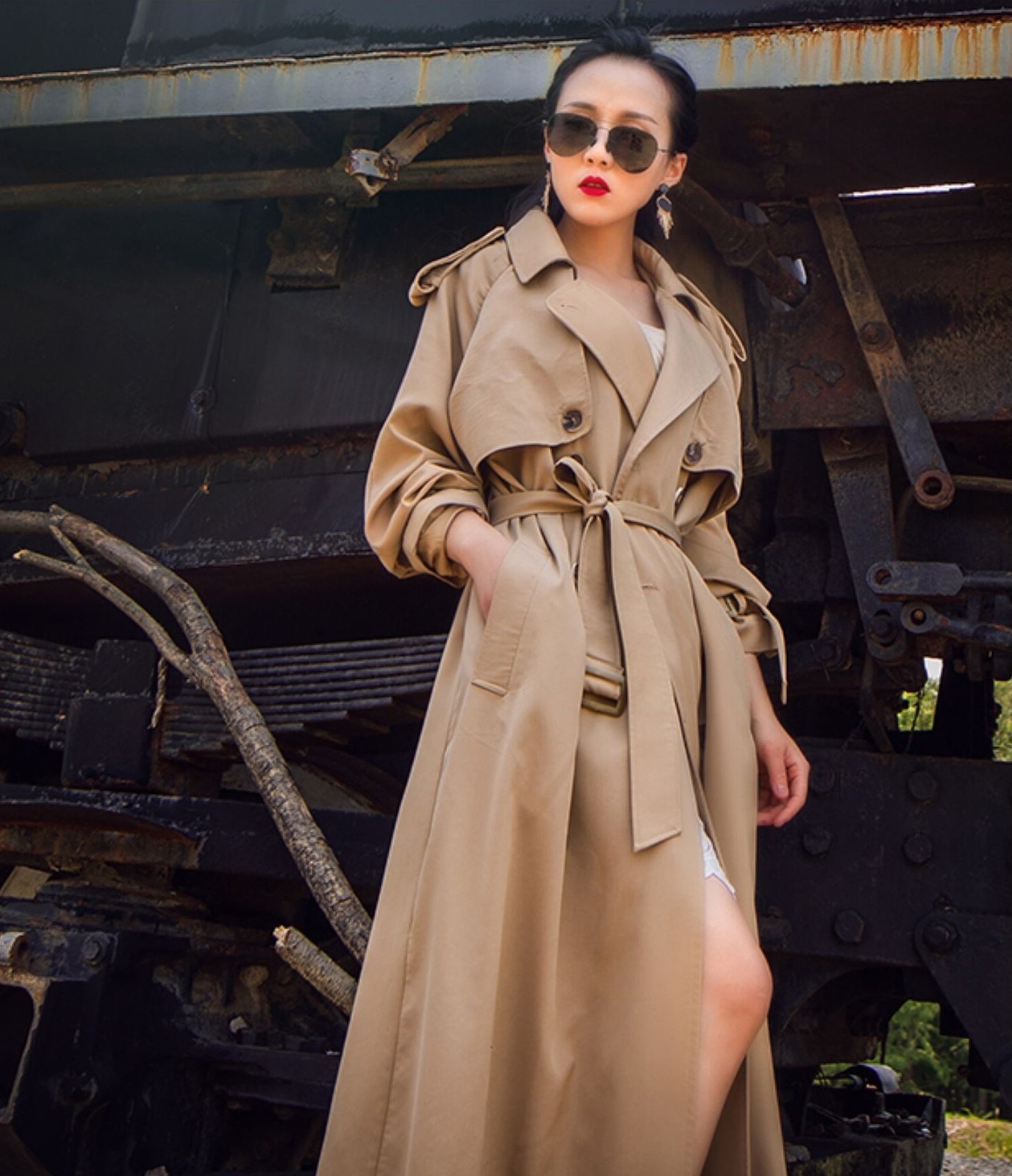 New camel double breasted long oversized khaki women trench coat with belt