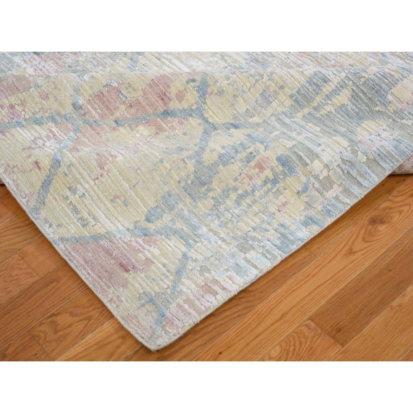 9'x11'10" Pastel Colors Textured Wool And Silk Genuine Hand Knotted Rug