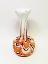 Vtg White Orange Brown Blown Glass Vase MCM Pulled Swirl Tall 12" Trumpet Shape - $71.28