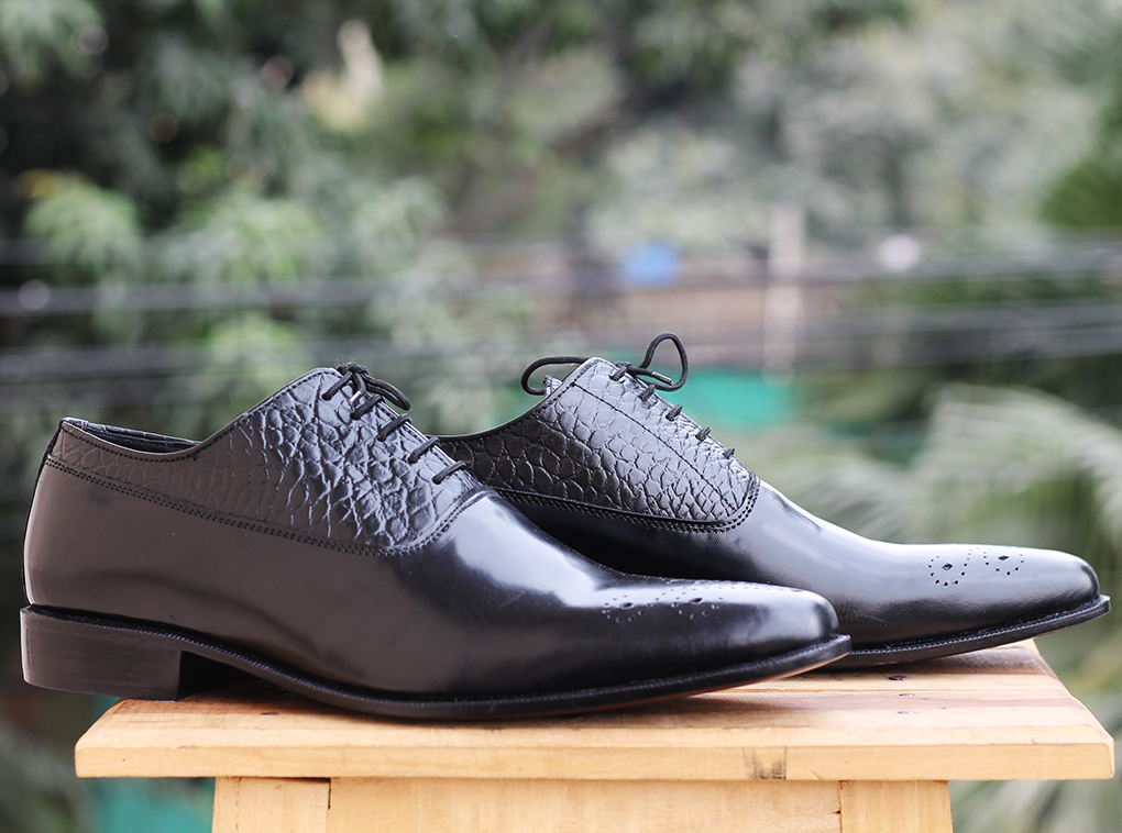 Handmade Men's Black Alligator Leather Brogue Lace Up Dress Stylish Shoes