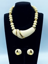Vintage Napier Ivory Pendant Necklace and Earrings Set with Gold Tone an... - $44.95