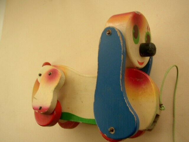 1950s, Made in Japan, Hand Painted, Wooden, 7in Puppy Pull Toy - $18.95