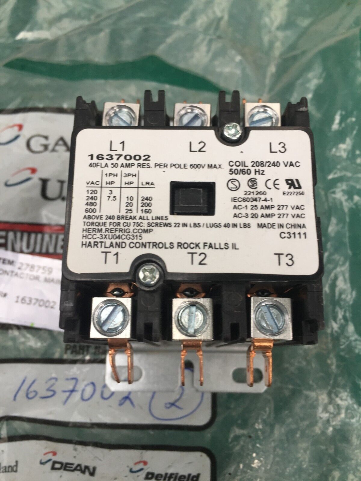 Garland 1637002 3 Pole 600VAC 50 Amp Main Contactor 240VAC coil Light