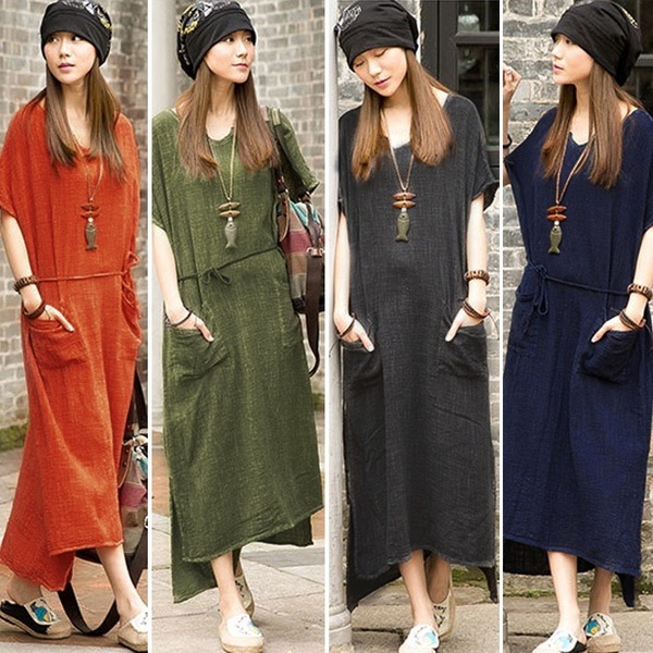 BOHO Womens Summer Cotton Linen Long MAXI SHIRT Dress Plus Size