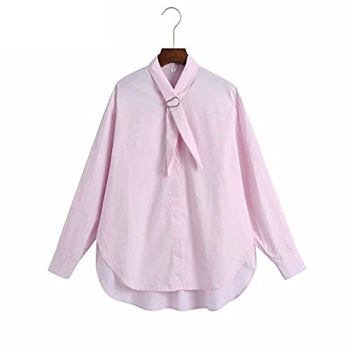Simply Stylish Collar Design Pink Poplin Blouse Office Ladies Long Sleeve Loose