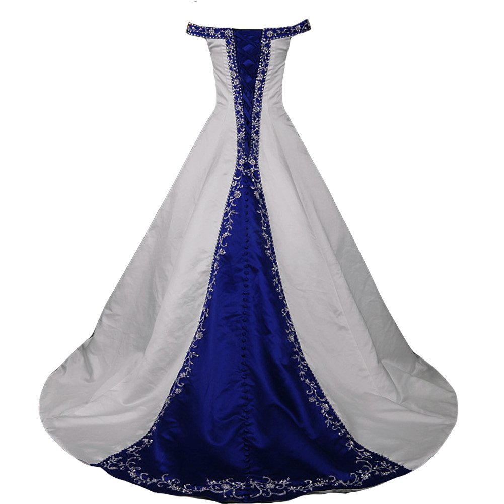 White and Royal Blue Off the Shoulder A Line Beaded Embroidery Wedding ...