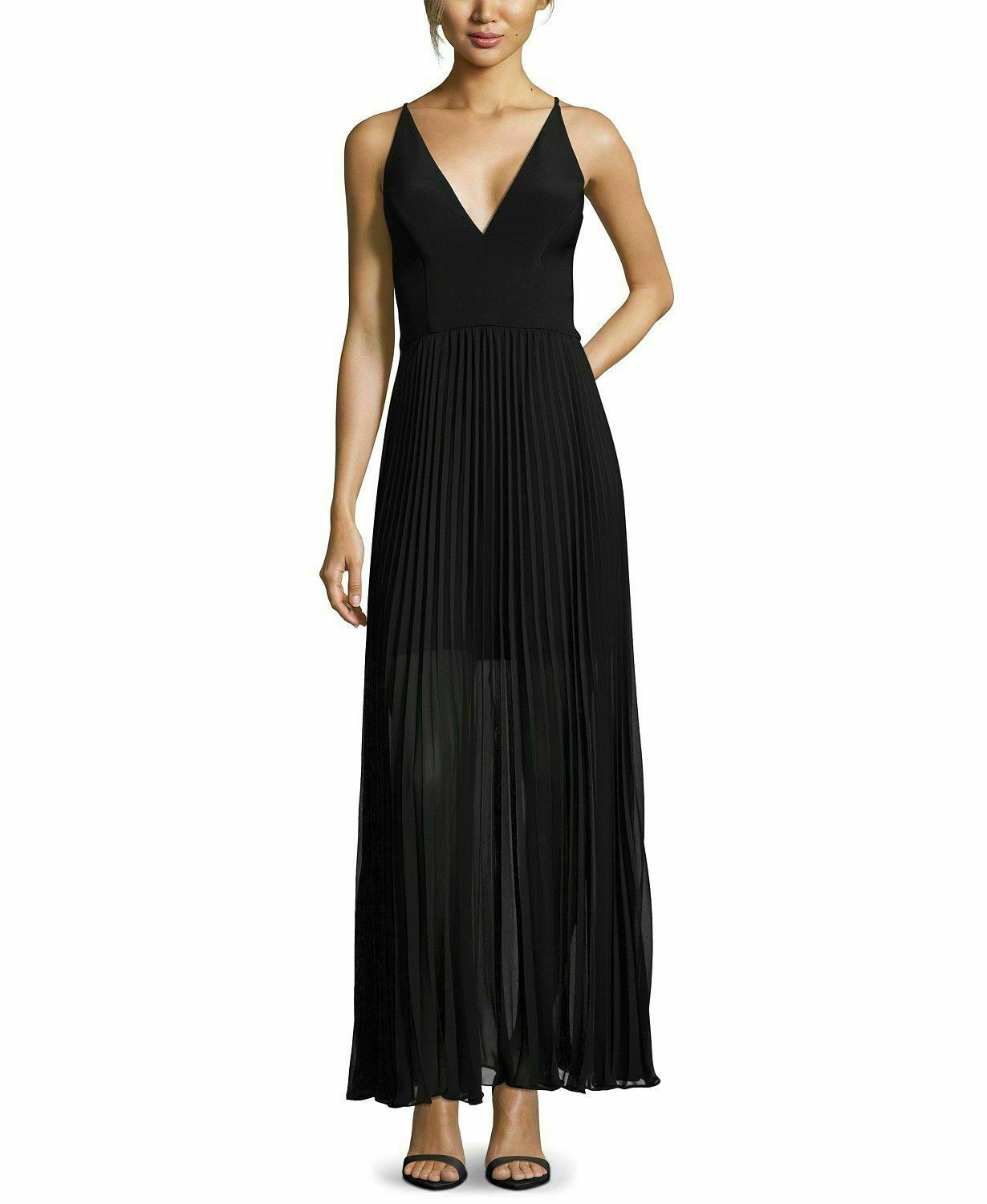 xscape pleated mock neck chiffon gown