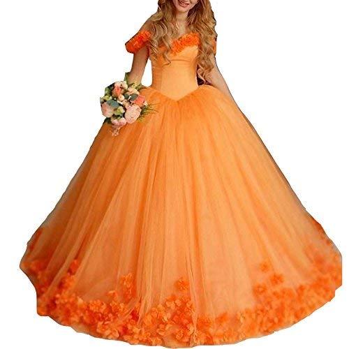 Floral Off Shoulder Orange Tulle Prom Dress Long Quinceanera Ball Gown Plus Size