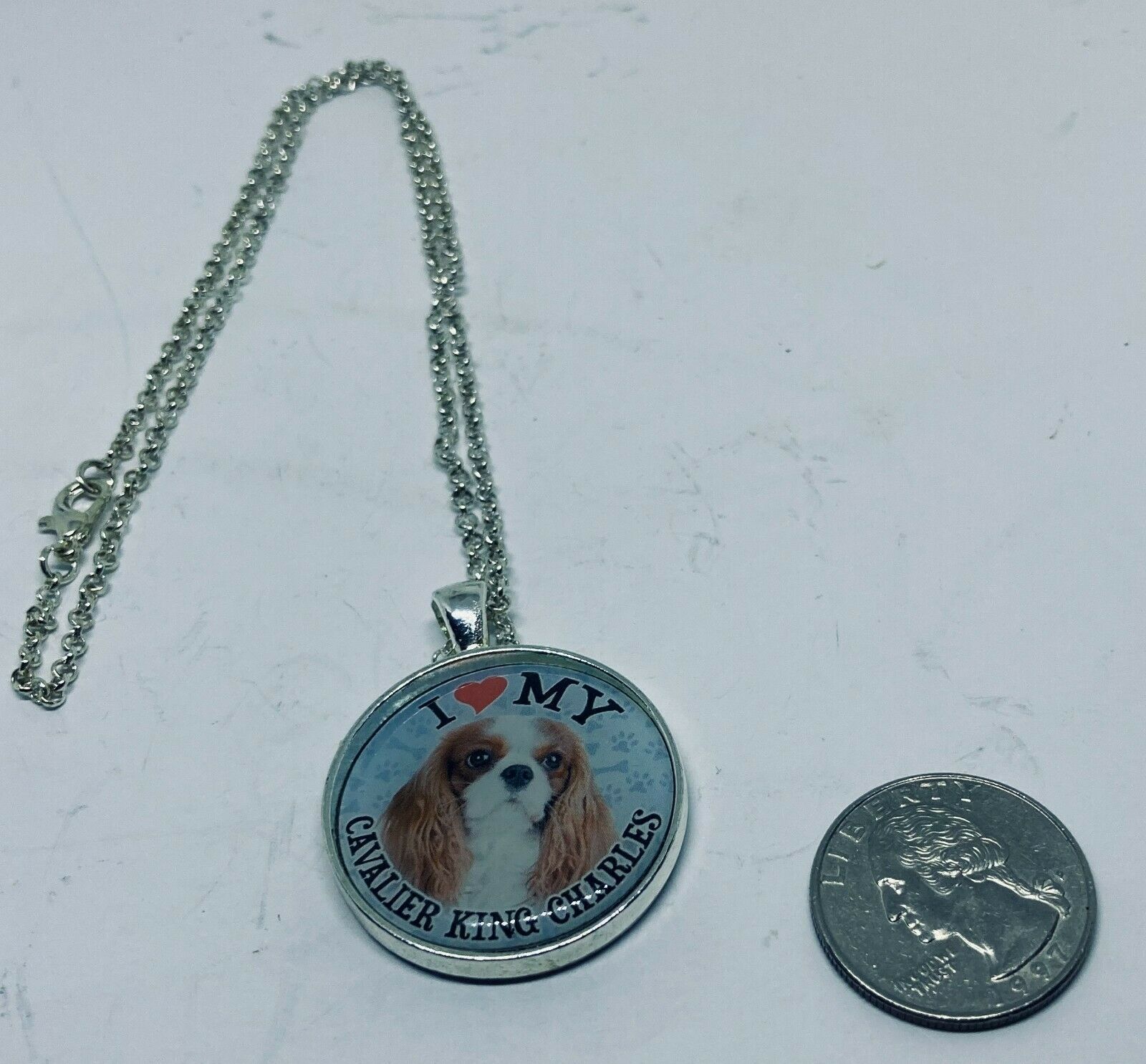 I Love My Cavalier King Charles 18 Shiny Silver Loop Necklace W/ Antique Bezel