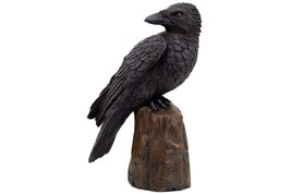 Black Raven Perched On A Tree Stump Statue Halloween Home Decor - $27.16