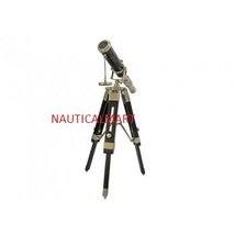 VINTAGE NAUTICAL TELESCOPE AND TRIPOD WOODEN STAND IN PEWTER FINISH