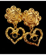 Vintage Graziano earrings - gold black chandelier clip on - estate jewel... - $95.00