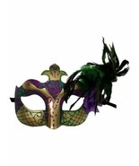 Gold Purple Green Mardi Gras Feather Flower Masquerade Mask - $13.65
