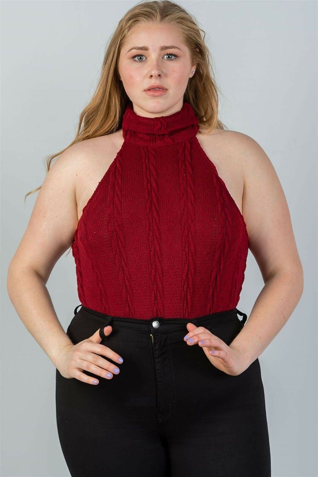 Ladies fashion plus size cable knit turtleneck sleeveless bodysuit Tops