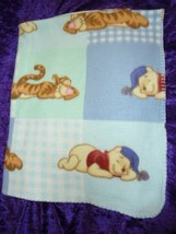 Disney Baby Blanket Winnie Pooh Tigger Sleeping Blue Patchwork Fleece Sq... - $39.59